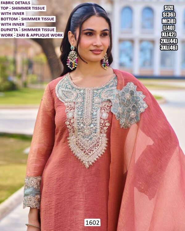 Coral Red Shimmer Tissue Suit Set Featuring Zari And Applique Work - Festive Wear