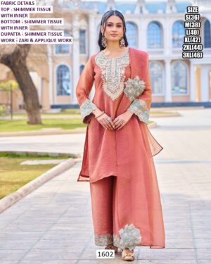 Coral Red Shimmer Tissue Suit Set Featuring Zari And Applique Work - Festive Wear