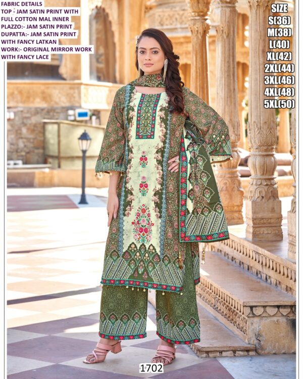 Digital Printed And Original Mirror Work Jam Satin Three-Piece Pakistani Suits For Women