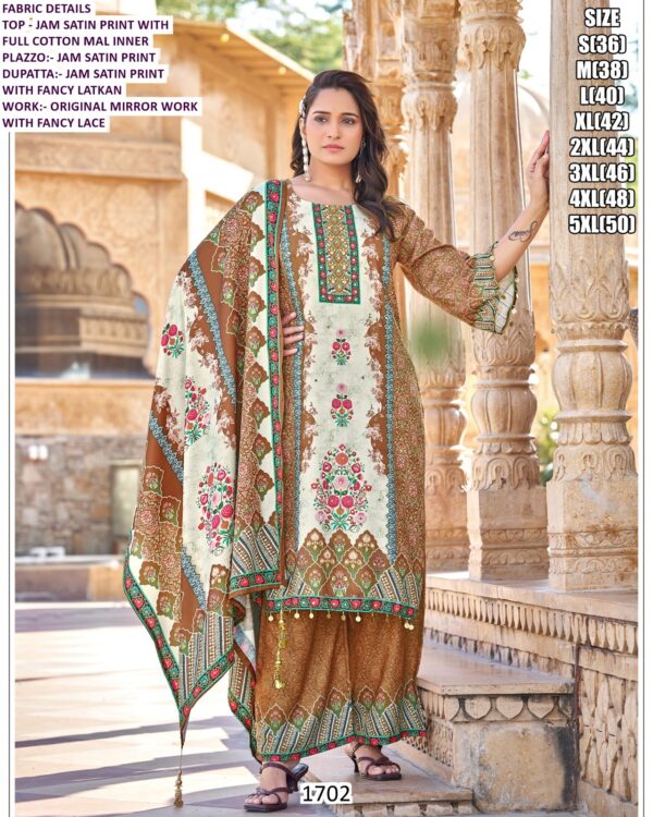 Digital Printed And Original Mirror Work Jam Satin Three-Piece Pakistani Suits For Women