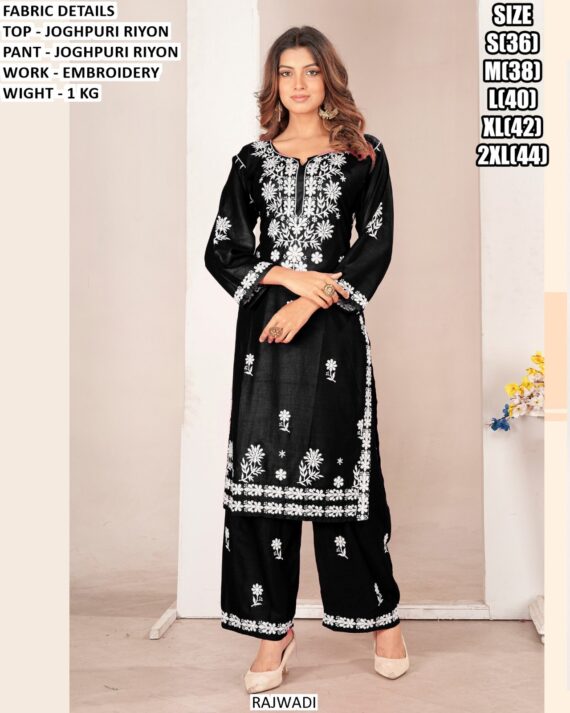 Perfect Daily Wear White Embroidered Kurti With Plazo Pant Made In Jodhpuri Rayon Fabric