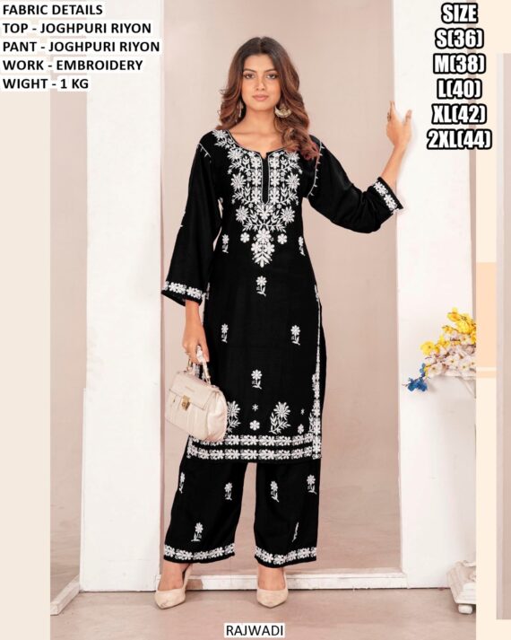 Perfect Daily Wear White Embroidered Kurti With Plazo Pant Made In Jodhpuri Rayon Fabric