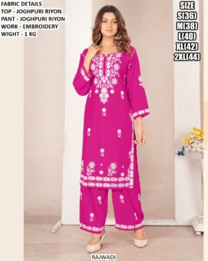 Perfect Daily Wear White Embroidered Kurti With Plazo Pant Made In Jodhpuri Rayon Fabric