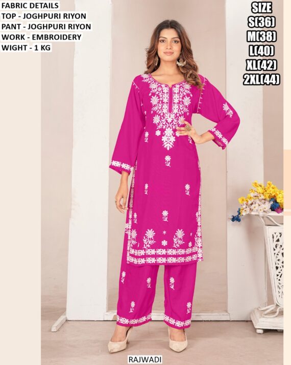 Perfect Daily Wear White Embroidered Kurti With Plazo Pant Made In Jodhpuri Rayon Fabric