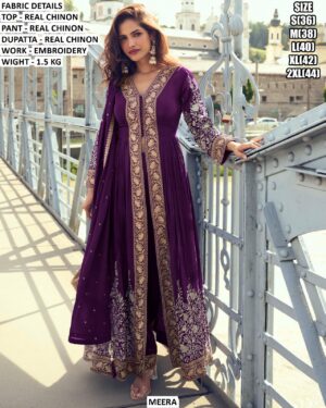 Attractive Embroidery Real Chinon Indo-Western Style Pakistani Salwar Suits For Ladies