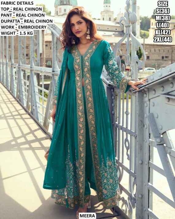 Attractive Embroidery Real Chinon Indo-Western Style Pakistani Salwar Suits For Ladies