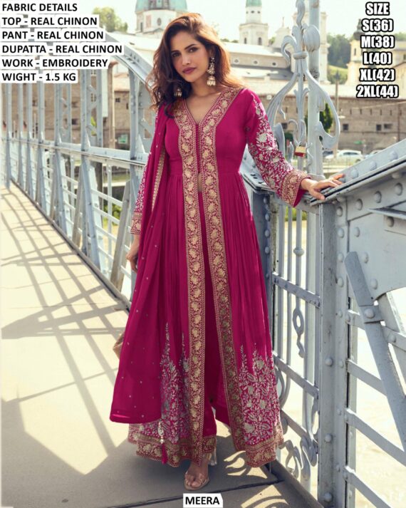 Attractive Embroidery Real Chinon Indo-Western Style Pakistani Salwar Suits For Ladies
