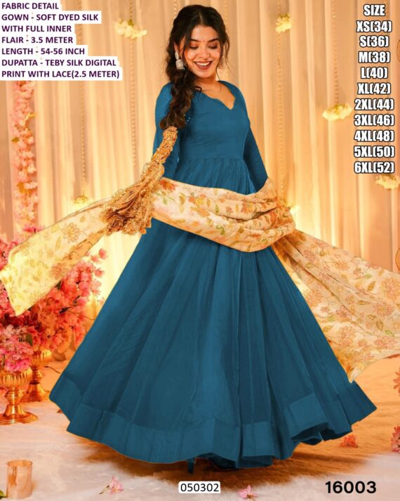 Women’s Premium Flared Silk Anarkali Gown Set with Tebby Silk Dupatta