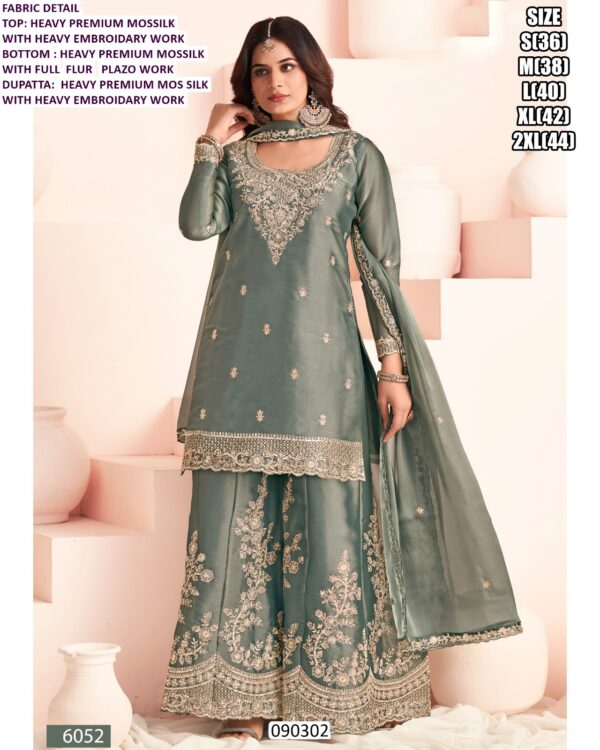 Premium Moss Silk Embroidered Kurta Palazzo Suit Set With Dupatta