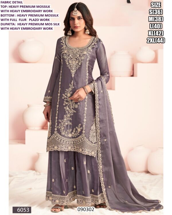 Premium Moss Silk Embroidered Kurta Palazzo Suit Set With Dupatta