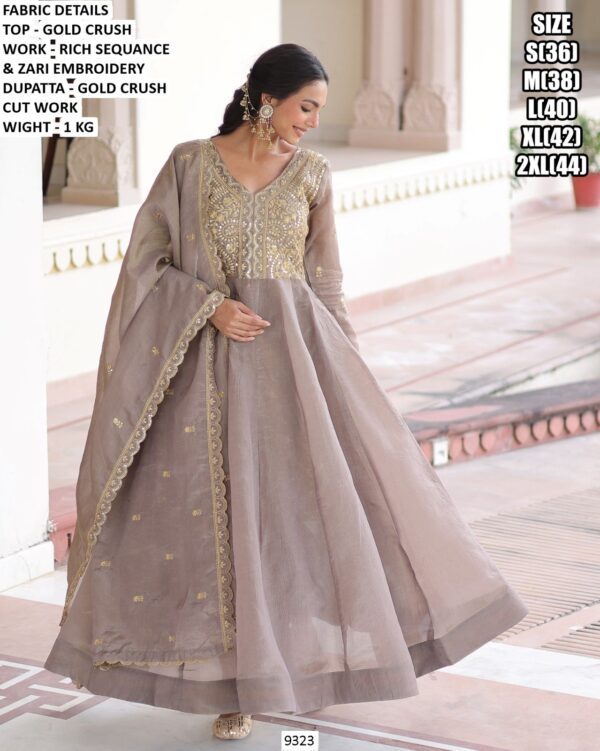 Elegant Gold Crush Zari Embroidered Anarkali Gown with Dupatta