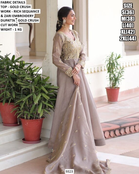 Elegant Gold Crush Zari Embroidered Anarkali Gown with Dupatta