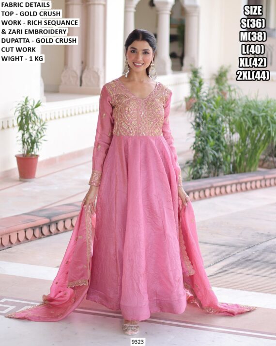 Elegant Gold Crush Zari Embroidered Anarkali Gown with Dupatta