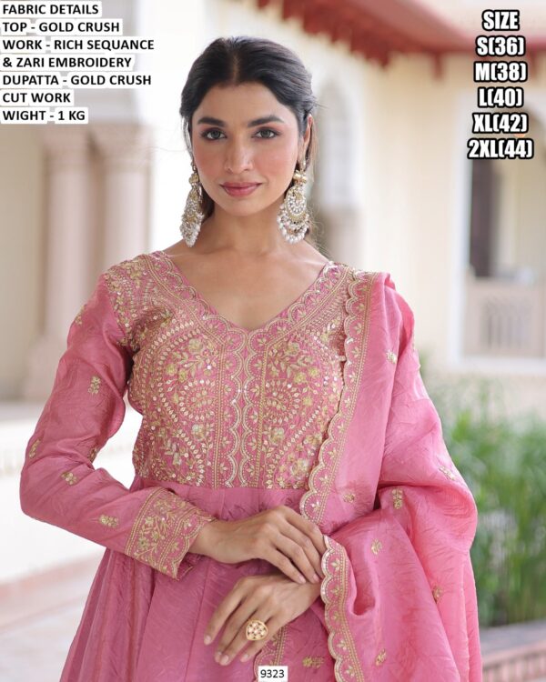 Elegant Gold Crush Zari Embroidered Anarkali Gown with Dupatta