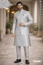 Royal Men’s Satin Silk Kurta Pajama With Jacquard Koti