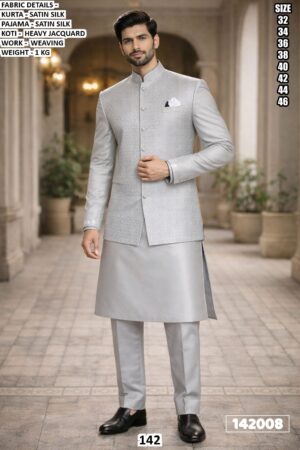 Royal Men’s Satin Silk Kurta Pajama With Jacquard Koti