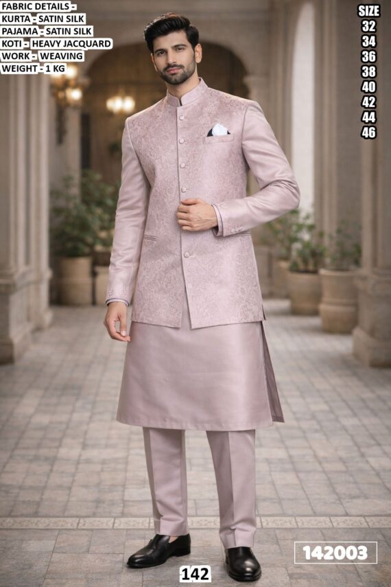 Royal Men’s Satin Silk Kurta Pajama With Jacquard Koti