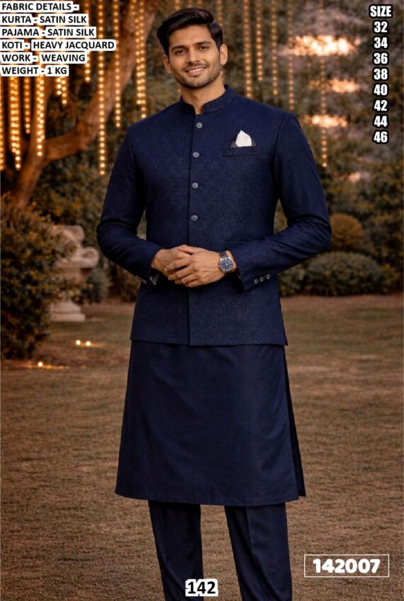 Royal Men’s Satin Silk Kurta Pajama With Jacquard Koti