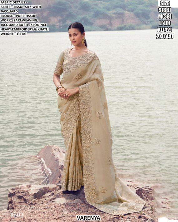 Luxury Satin Silk Jacquard Saree With Zari Weaving & Heavy Embroidery