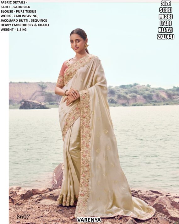 Luxury Satin Silk Jacquard Saree With Zari Weaving & Heavy Embroidery