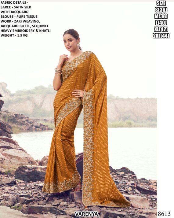 Luxury Satin Silk Jacquard Saree With Zari Weaving & Heavy Embroidery