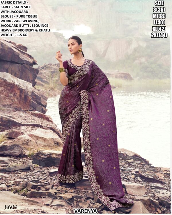 Luxury Satin Silk Jacquard Saree With Zari Weaving & Heavy Embroidery