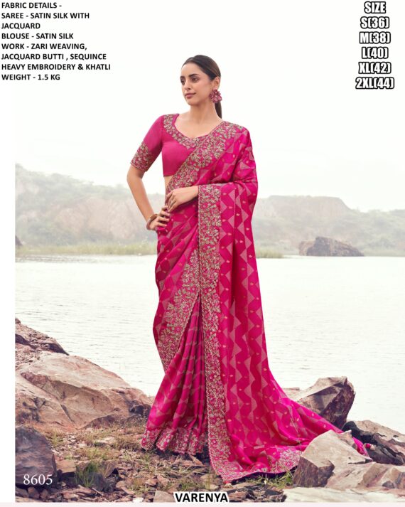 Luxury Satin Silk Jacquard Saree With Zari Weaving & Heavy Embroidery