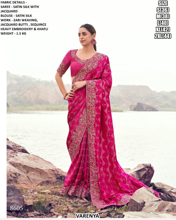 Luxury Satin Silk Jacquard Saree With Zari Weaving & Heavy Embroidery
