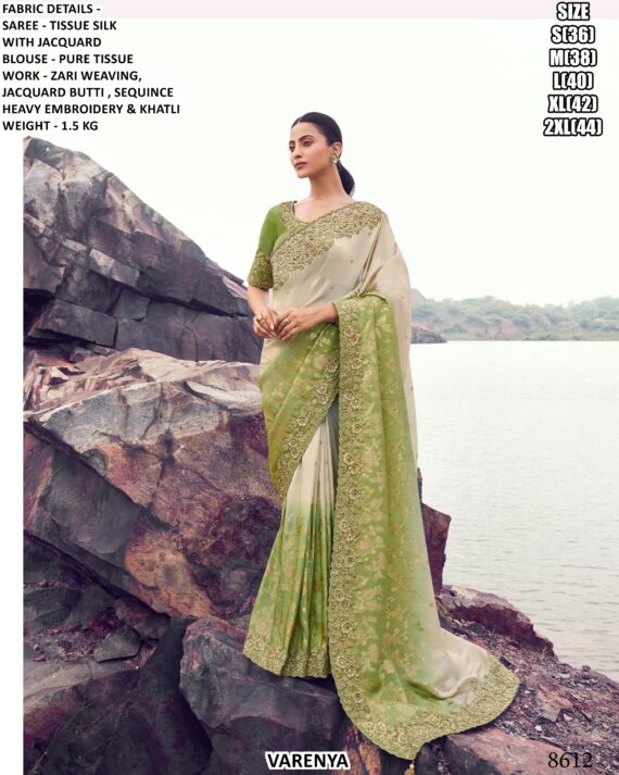 Luxury Satin Silk Jacquard Saree With Zari Weaving & Heavy Embroidery