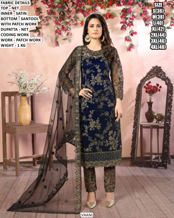 Premium Net Designer Suit With Patch Work & Coding Work
