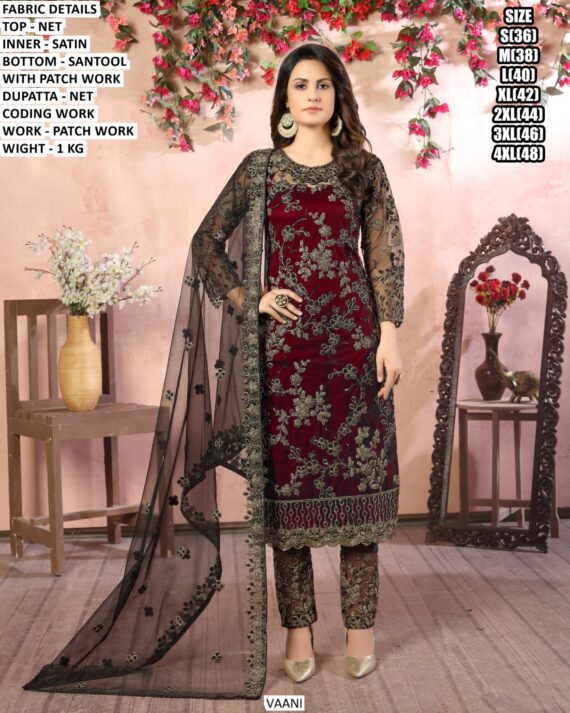 Premium Net Designer Suit With Patch Work & Coding Work