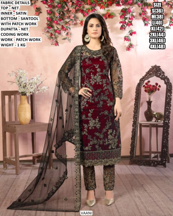 Premium Net Designer Suit With Patch Work & Coding Work
