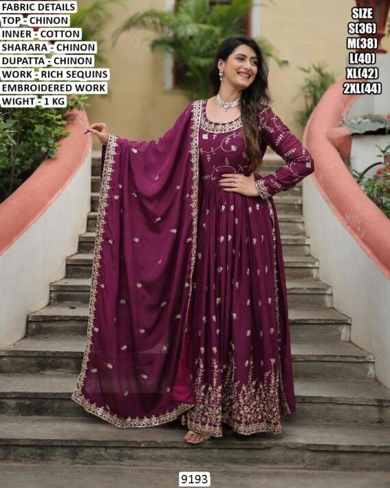 Elegant Chinon Sharara Suit With Rich Sequins Embroidery