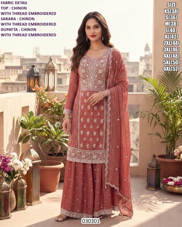 Elegant Chinon Thread Embroidered Kurti  Set with Dupatta