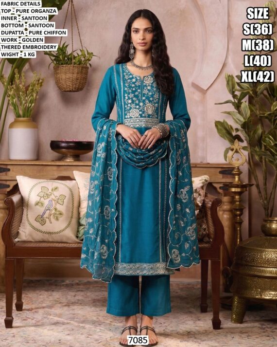 Organza Embroidery Suit Set | Elegant Festive Wear Kurta Palazzo Dupatta Set