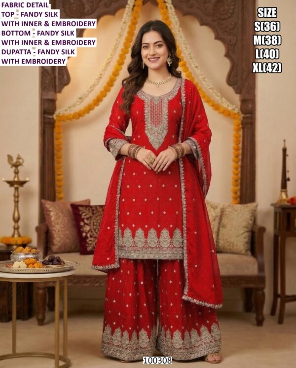 Beautiful Fandy Silk Suit And Chinon Silk Set With Embroidery Work And Dupatta