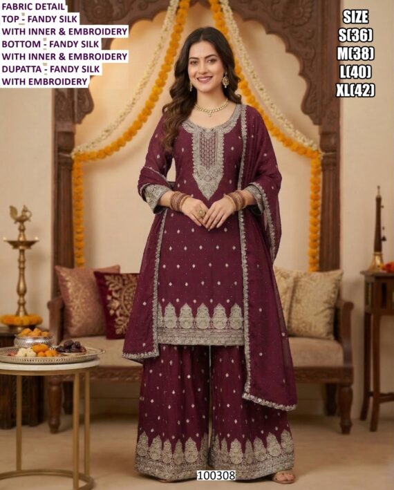 Beautiful Fandy Silk Suit And Chinon Silk Set With Embroidery Work And Dupatta