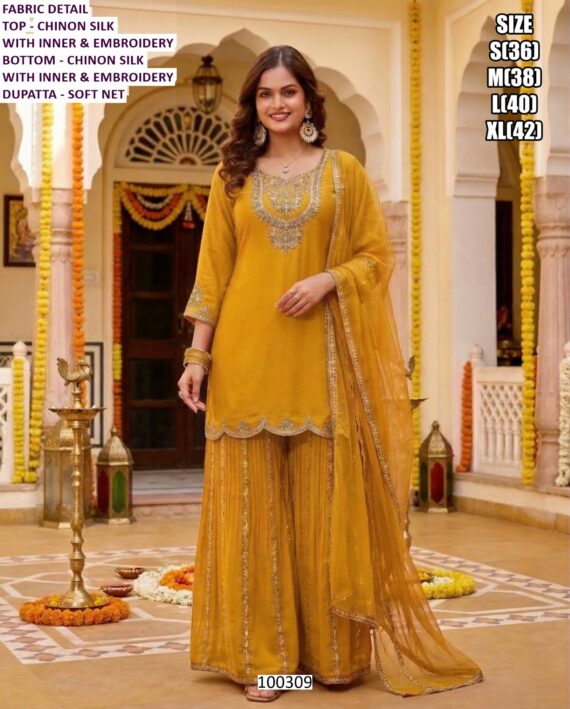 Beautiful Fandy Silk Suit And Chinon Silk Set With Embroidery Work And Dupatta