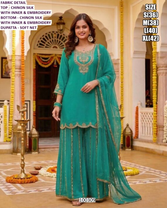 Beautiful Fandy Silk Suit And Chinon Silk Set With Embroidery Work And Dupatta