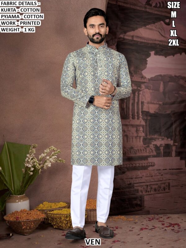 Men Cotton Kurta Pajama Set | Printed Ethnic Kurta for Festive Wear