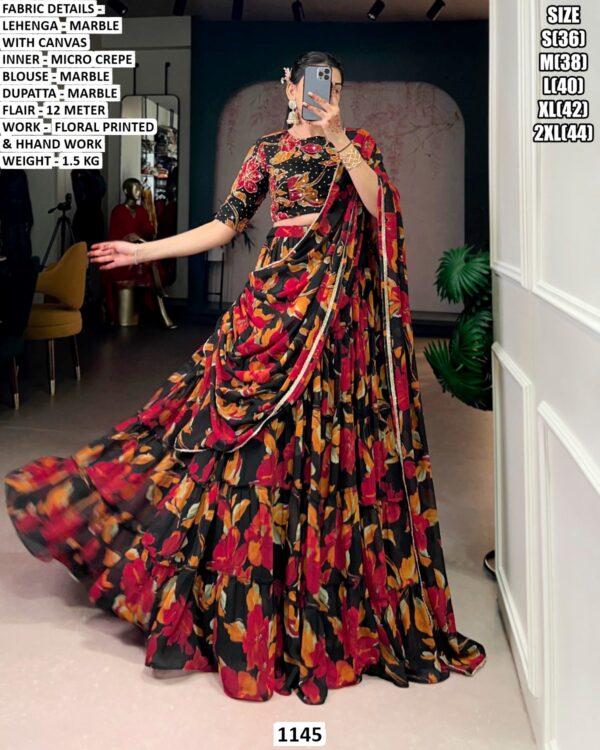 Floral Printed Lehenga Choli for Women | Marble Lehenga with Dupatta