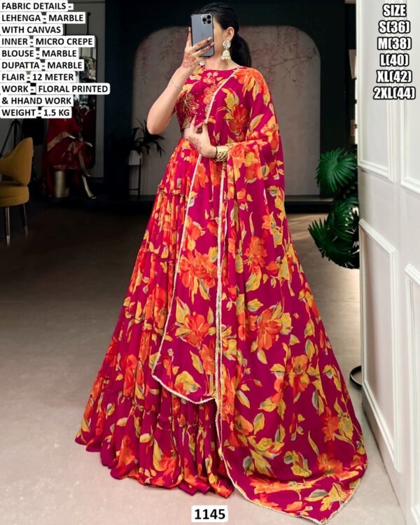 Floral Printed Lehenga Choli for Women | Marble Lehenga with Dupatta