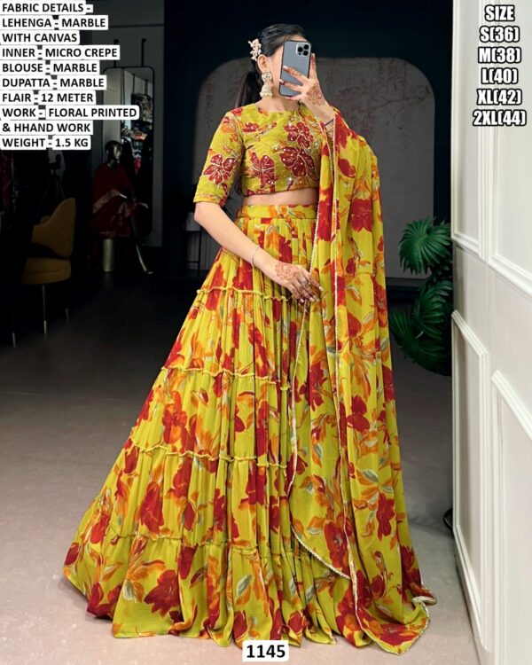 Floral Printed Lehenga Choli for Women | Marble Lehenga with Dupatta