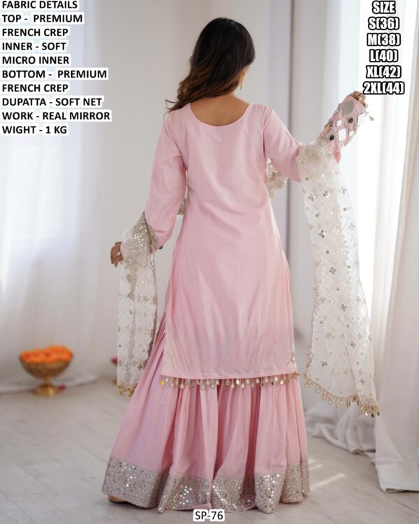 Baby Pink French Crepe Suit Set for Women | Real Mirror Work Party Wear Outfit