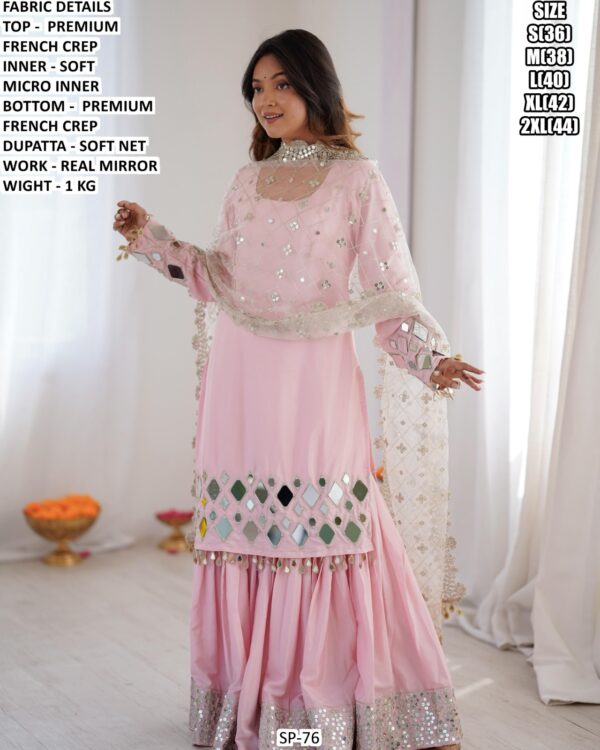 Baby Pink French Crepe Suit Set for Women | Real Mirror Work Party Wear Outfit