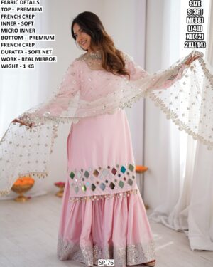 Baby Pink French Crepe Suit Set for Women | Real Mirror Work Party Wear Outfit