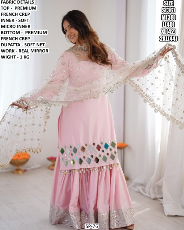 Baby Pink French Crepe Suit Set for Women | Real Mirror Work Party Wear Outfit