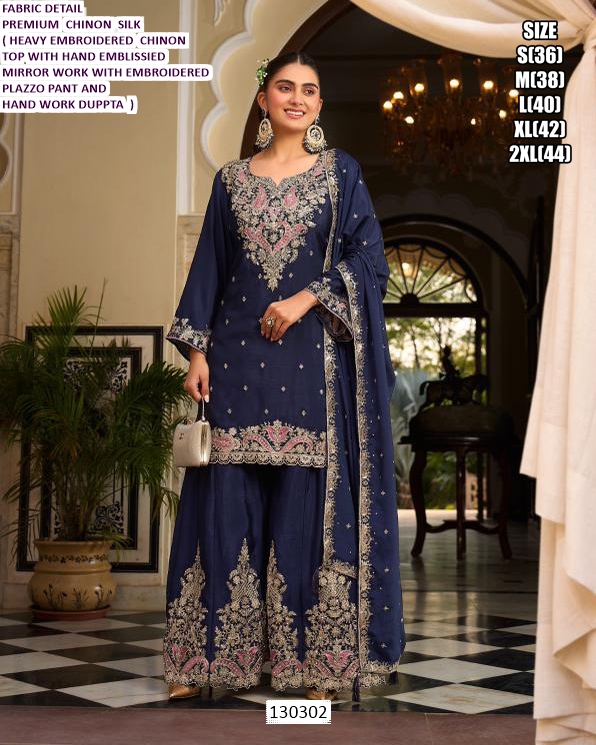 Chinon Silk Embroidered Palazzo Set with Dupatta for Women