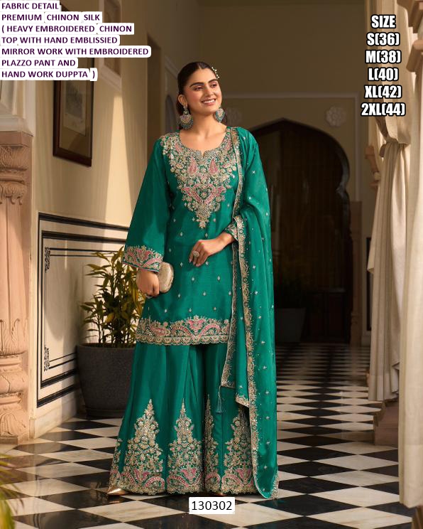 Chinon Silk Embroidered Palazzo Set with Dupatta for Women