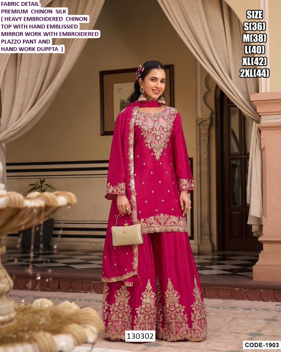 Chinon Silk Embroidered Palazzo Set with Dupatta for Women